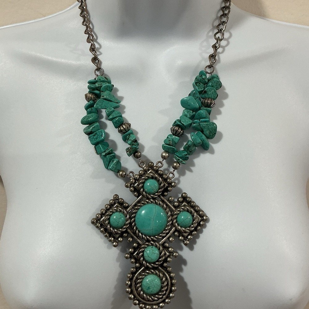 Vintage You And I Southwestern Turquoise Necklace Large Filigree Cross Statement